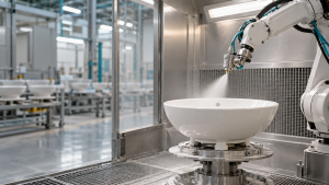 Robot tráng men cho ngành gốm sứ tạo quỹ đạo phủ đều quanh lòng lavabo sứ.